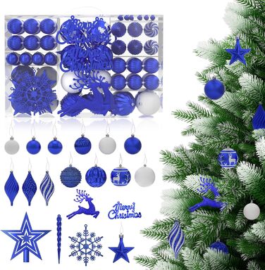 Набір прикрас для ялинки Aufun 108 шт. Преміум, пластикові кулі, верхівка, зірка, безпечні прикраси, ялинкові кулі, багаторазові, декор (шампань) (блакитний/срібний)