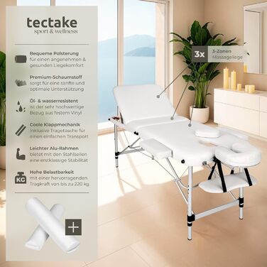 Масажний стіл Tectake® складний, регульований по висоті, з 3 зонами, для косметичних процедур, масажу, татуювання, з аксесуарами (сумка, ролики) - білий