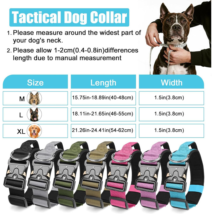 Тактичний нашийник для собак Ledeak з ручкою, регульований, широкий, з м'якою підкладкою, надійний, з металевою застібкою, для дресирування (фіолетовий, синій, L)