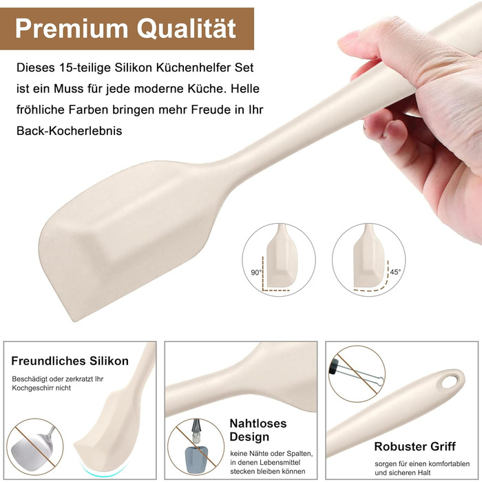 Набір кухонних аксесуарів Joyfair, 15 предметів, силікон, кухонне приладдя, стійке до нагріву, антипригарне, для посуду, з підставкою, придатне для миття в посудомийній машині (Хакі)