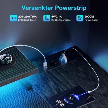 Ігровий стіл L-подібний Coleshome з LED-підсвічуванням та розетками, 120x80 см, з полицею, чорний, для офісу/робочого кабінету