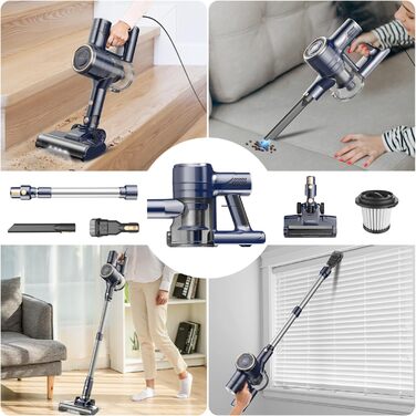 Пилсос 6-в-1, вертикальний та ручний, з 6м кабелем, потужність всмоктування 23Kpa, 600W, без мішка, для твердих поверхонь та килимів, компактний, легкий, тихий, темно-синій