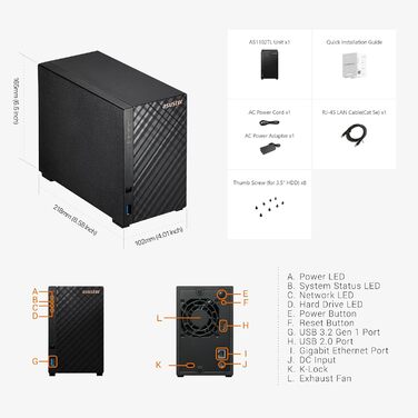 Asustor Drivestor 2 Lite AS1102TL: 2-байовий NAS корпус для мережевого зберігання даних, 1.7GHz Quad Core, 1GbE, 1GB DDR4 RAM