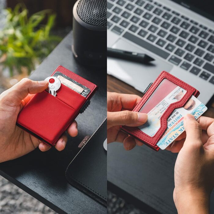 VULKIT RFID портмоне для кредитних карток з EDC-відсіками та вікном для посвідчення, тонкий металевий гаманець з Pop-Up механізмом, червоний