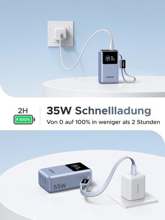 Power Bank UGREEN 10000mAh 55W з кабелем, PD 45W, Mi Turbo Charge для Xiaomi, сумісний з iPhone 15/16/17, блакитний