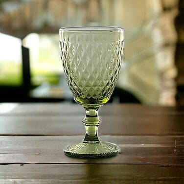 Vintage Set of 6 Colored Glasses and Tumblers with Diamond Pattern (Netz Green Wine Glass), Long Drink Glasses, Cocktail Glasses with Embossing, Glass, Tumbler, Wine Glass, Water Glass, Goblets