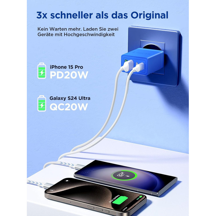 Багатопортовий зарядний пристрій Aioneus USB-C з 4 портами (USB-C та USB-A), 40W, PD 3.0, для iPhone, Samsung, білий (1 шт., колір: морська хвиля)