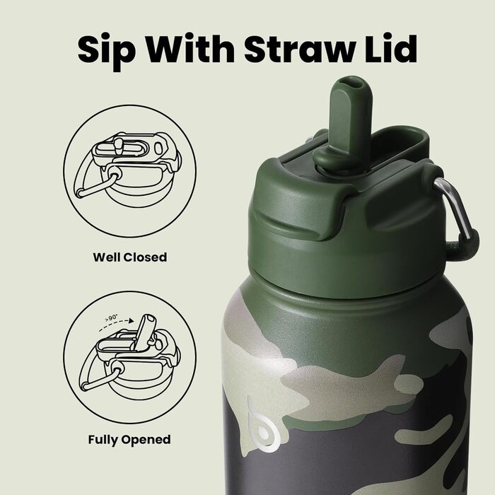 BOTTLE BOTTLE Stainless Steel Water Bottle 1L with Straw – Leak-Proof Insulated Bottle for Sports & Gym, with Pill Compartment, BPA-Free, Double-Walled (Jungle Camouflage)