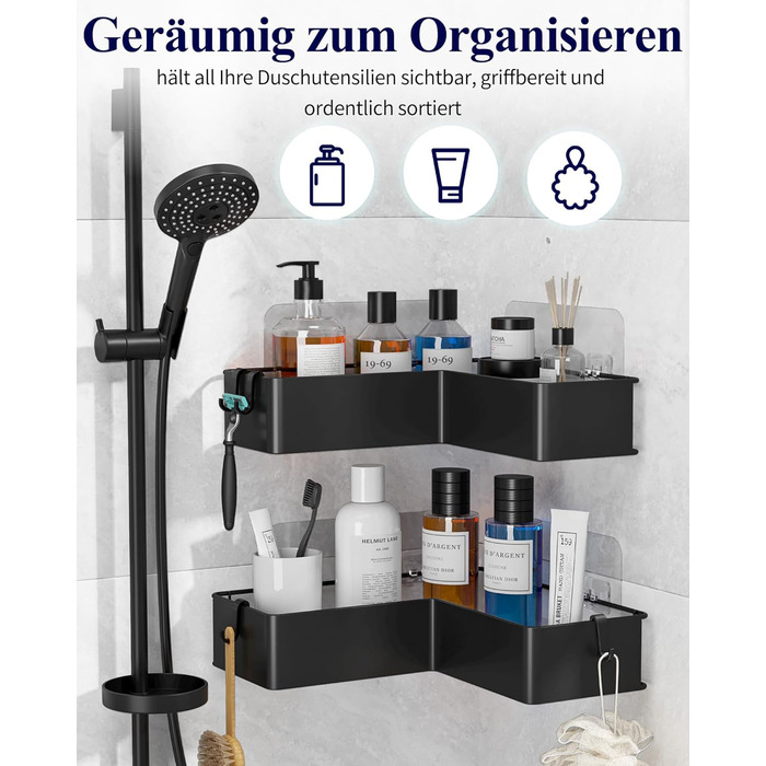 Поличка для душу Kitsure L-подібної форми без свердління - 2 шт. Міцна поличка для кута без свердління з 4 гачками та клейкими смугами, нержавіюча сталь для ванної, кухні та пральні, 24,4 x 11,9 x 6,2 см, Чорний
