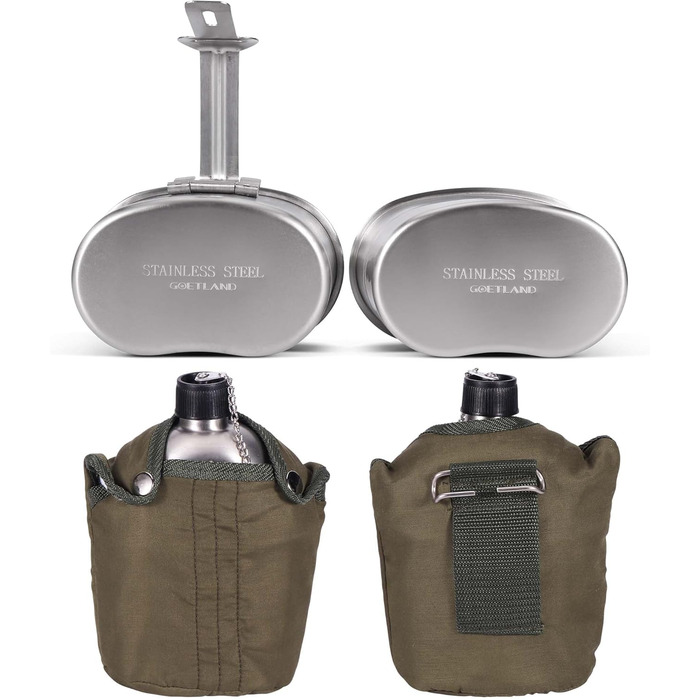 Goetland Stainless Steel US Military Field Bottle Set 1.2l with 0.6l Cup Nylon Bag Water Bottle Cooking Pot Camping Cup (1 Liter with 0.5 Liter)