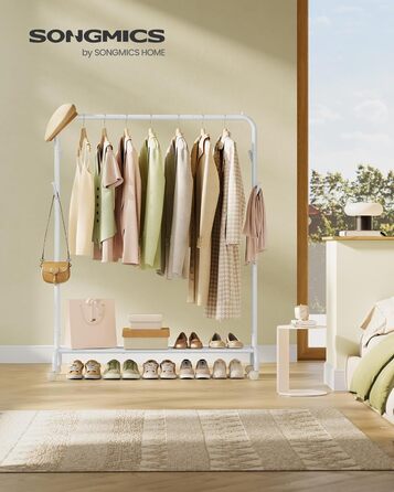 SONGMICS Вішалка для одягу на колесах, металева, біла, до 50 кг, 103,5 см, HSR131W01 Wolkenweiß