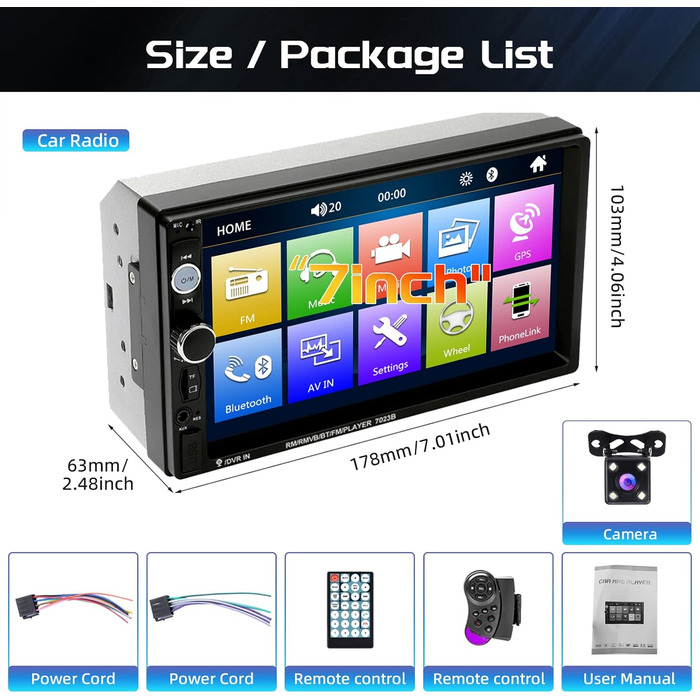 Podofo 2DIN автомагнітола з Bluetooth, 7