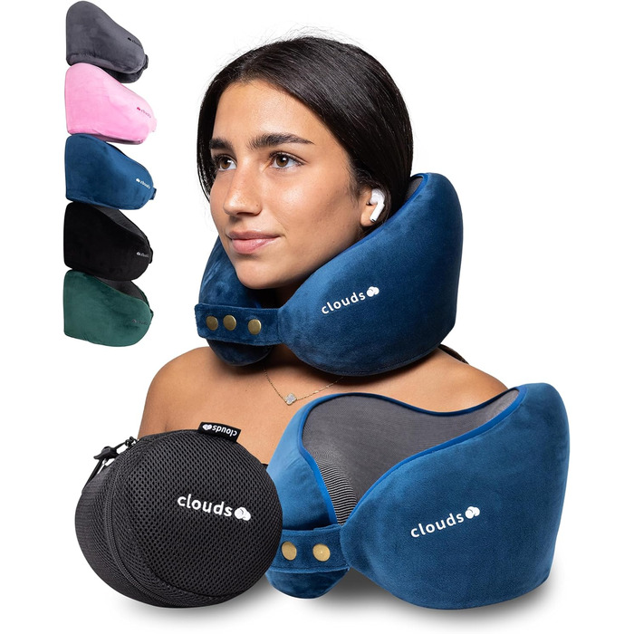 Подушка для шиї CLOUDS – регульована подушка з піною з пам'яті для подорожей на літаку та в авто. 2 розміри, дихаючий, м'який чохол (5 кольорів)