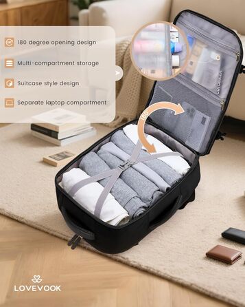 LOVEVOOK Рюкзак для ручної поклажі 40л, чорний, для подорожей, з відділенням для мокрого та сухого, для ноутбука, 45x36x20 см