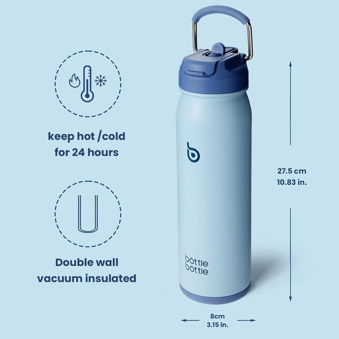 BOTTLE BOTTLE Stainless Steel Water Bottle 24oz (709ml) with Straw Handle and Pill Compartment for Outdoor School, Insulated Sports Bottle (Blue)