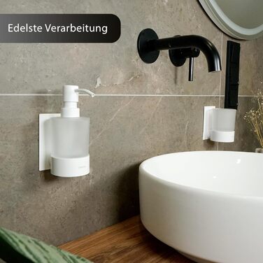 Dolvhin® Soap Dispenser and Toothbrush Holder Set | Frosted Glass Soap Dispenser & Toothbrush Holder | Stainless Steel Toothbrush Holder without Drilling | Adhesive Wall Soap Dispenser | Bathroom Set | Matte White