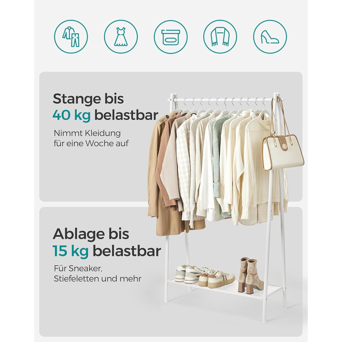 SONGMICS Clothes Rack, Coat Rack, Wardrobe, Clothes Storage, Steel Frame, with Rail and Shelf, 33.5 x 92.5 x 153 cm, for Bedroom, Wardrobe, Laundry Room, White HSR023W01