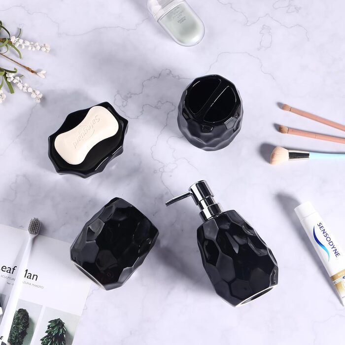 Набір аксесуарів для ванної кімнати, 4 шт: диспенсер для мила, мильниця, тримач для зубних щіток, стаканчик для зубних щіток, органайзер для ванної кімнати (Чорний)