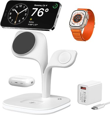 Зарядний станція 5-в-1 для iPhone з MagSafe, сумісна з iPhone 16/15/14/13/12, Apple Watch та AirPods, складана, білий колір