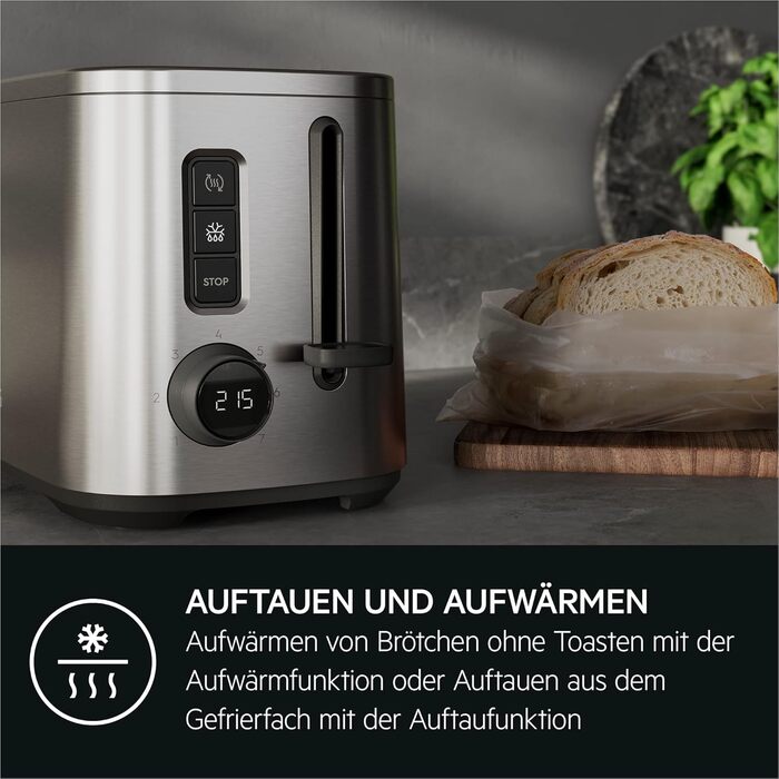 Тостер AEG T5-1-4ST Deli 5 з 7 режимами, таймером, функціями стоп, розморожування, підігріву, автоматичним центруванням, корпусом Cool-Touch, широкими слотами, піддоном для крихт, нержавіюча сталь