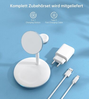 3-в-1 Індукційна зарядка для декількох пристроїв: iPhone 15/14, iWatch, AirPods, білий (блакитний)