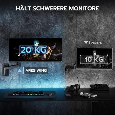 Настінний кронштейн для монітора ARES WING для UltraWide екранів 17-49 дюймів, газліфт, навантаження до 20 кг, VESA 75/100, регульований тримач для офісу та геймінгу, чорний