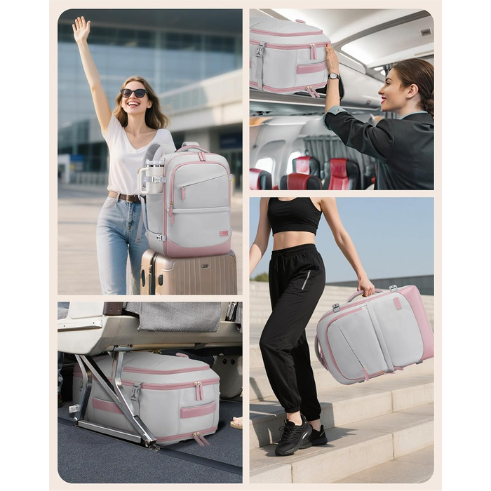 LOVEVOOK Рюкзак для ручної поклажі 40L, сіро-рожевий, для ноутбука 17.3