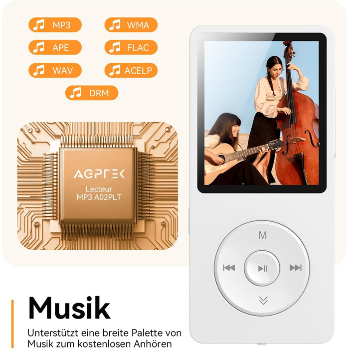MP3 плеєр AGPTEK 64GB Bluetooth 5.3 з динаміком, радіо FM, підтримкою TF-карти 128GB, білий