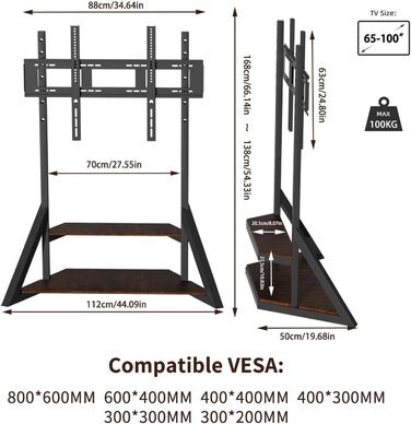 Підставка для телевізора UNHO, регульована по висоті, універсальна, чорна, VESA 800x600, до 100 кг, 65-100 дюймів