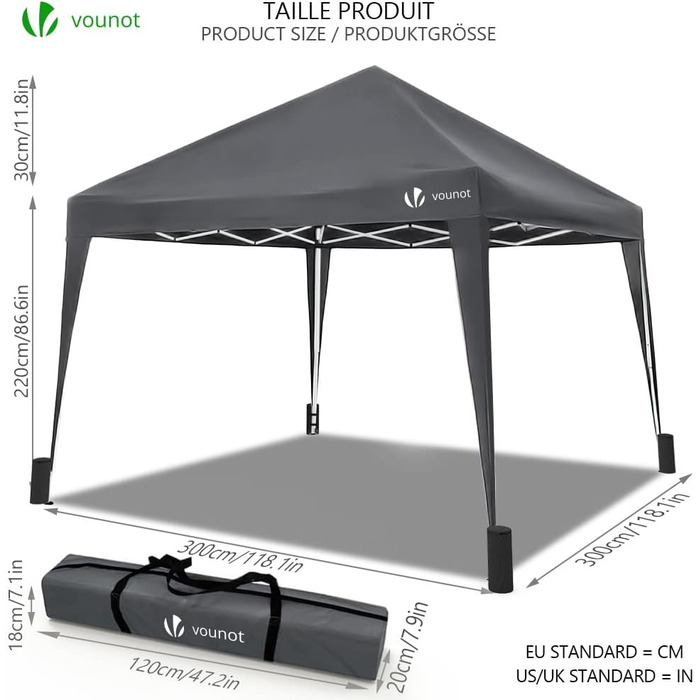 VOUNOT® Folding Gazebo 3x3m, with 4 Sandbags, Pop-Up Gazebo, UV Protection 50+, Grey