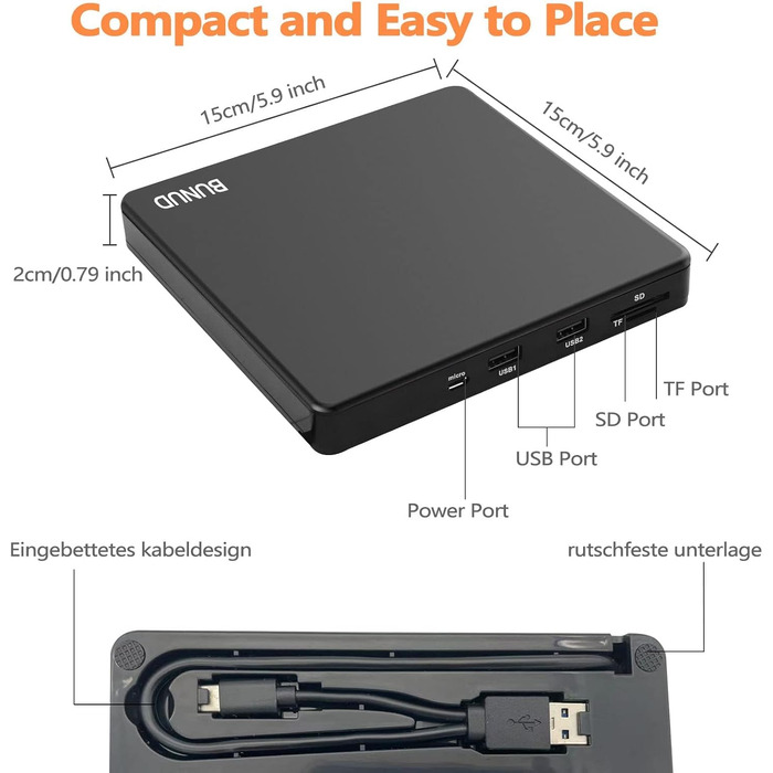 Зовнішній CD/DVD привід BU USB 3.0 & Type-C, DVD+/-RW Brenner з картридером SD/TF та USB-портами для ноутбука, ПК, MacBook, Windows 11/10, macOS, чорний