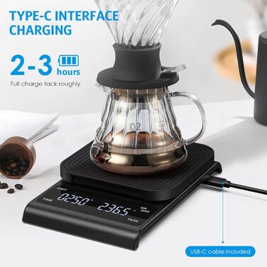Ваги для кави Brifit з таймером, ваги для еспресо 3 кг/0.1 г, високоточні ваги, USB-зарядка, ваги для кухні, LED-дисплей, функція тарування, автоматичне вимкнення, чорний