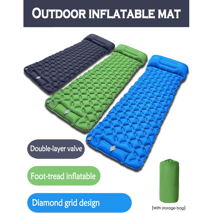 Надувний килимок для кемпінгу Isomatte: самонадувний, ультралегкий, з помпою та подушкою для відпочинку на природі, в походах, на пляжі та в наметі (зелений)