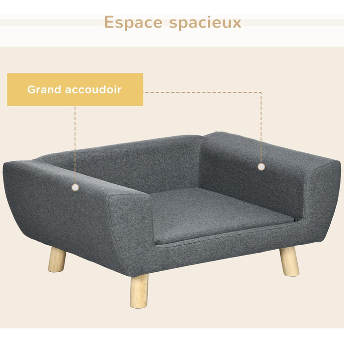 PawHut Софа для собак, скандинавський дизайн, м'яка подушка, дерев'яні ніжки, 87 x 61 x 36 см, поліестер, сіра