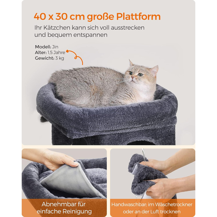 Драбина для котів Feandrea, 67 см, сірий, для кошенят до 3 кг, з великою платформою та сизалевими стовпами, PCT611W01