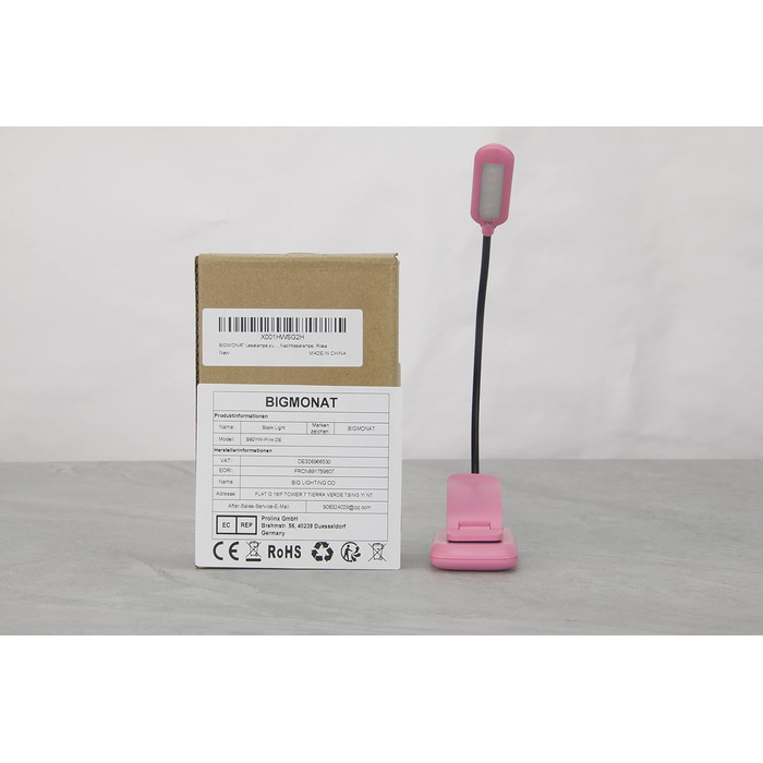 Ліхтарик для читання BIGMONAT з кліпсою, USB, 6 LED, 3 режими яскравості, гнучкий, рожевий