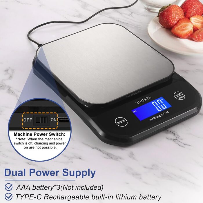 Кухонні ваги BOMATA з нержавіючої сталі, IPX6 водонепроникні, 0.1г точність, 5кг, з підсвічуванням, для їжі, приготування та випічки, білі
