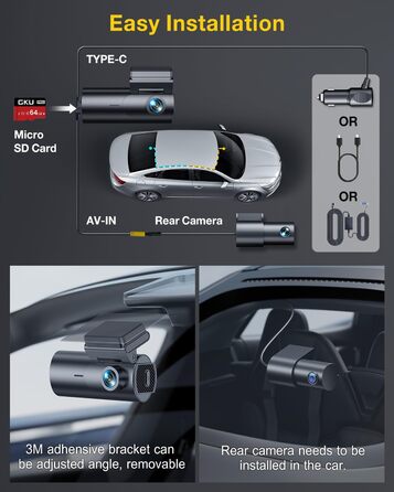 Відеореєстратор GKU 4K Dual з GPS, WiFi, ParkSurv, Нічне Бачення, WDR, 170° та G-Sensor. В комплекті SD-карта 64GB. Чорний