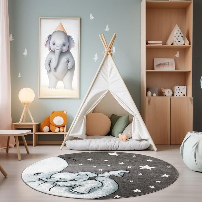 Дитячий килим круглий Elefant Design, короткий ворс, блакитно-сірий 120 см для хлопчиків та дівчаток. Антиалергенний, м'який килим в дитячу кімнату