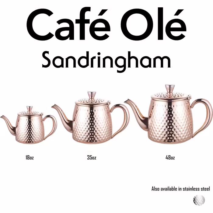 Café Olé Sandringham Teapot with Hammered Finish made from high-quality 18/10 stainless steel and a copper surface – 18oz, 0.5L, drip-free pouring, hollow handles