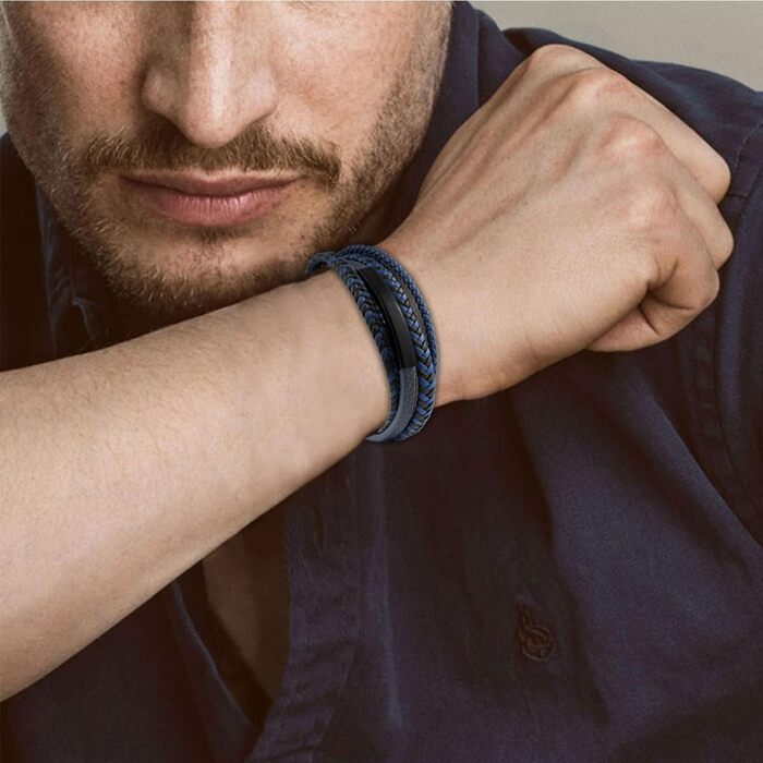 Чоловічий шкіряний браслет Lederarmband з нержавіючої сталі: плетіння, магнітний замок, гравіювання (синій, коричневий, чорний) 21 см