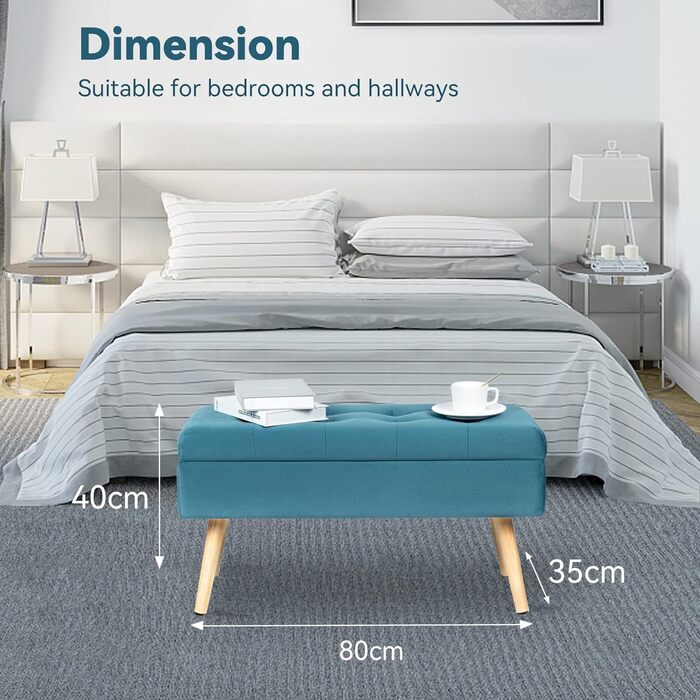 Стільниця з місцем для зберігання Hawthyhome 80×35×43 см, оксамитова скриня-лавка з дерев'яними ніжками для передпокою, вітальні, спальні, зелений смарагдовий