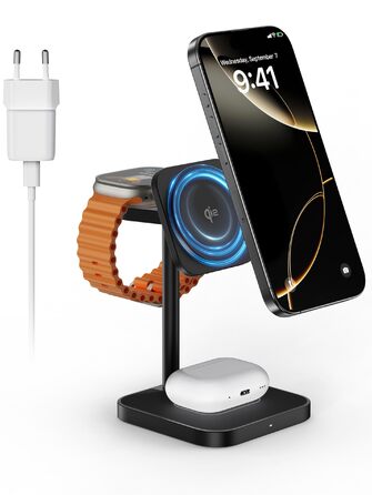 Станція зарядки LULULOOK Qi2 MagSafe 3-в-1 з алюмінію для Apple Watch та iPhone, 15W швидка зарядка для iPhone 17 Pro Max/17 Pro/17 Air/17, 5W для Apple Watch Ultra, AirPods, Титан (Чорний)