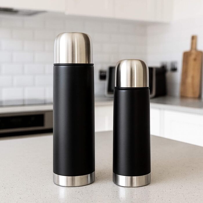 Термос GRÄWE з нержавіючої сталі, 1 л / 350 мл, чорний, з чашкою, для подорожей, ізольований, миється в посудомийній машині