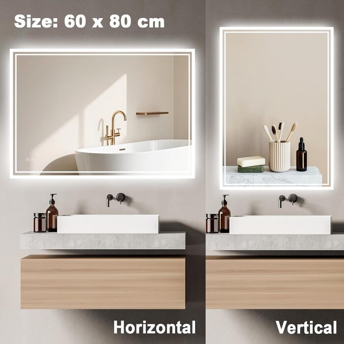 LED дзеркало для ванної кімнати з підсвічуванням 60 x 80 см – антизапар, 3 кольори, регулювання яскравості, подвійний сенсорний вимикач, функція збереження налаштувань при відключенні електроенергії, монтаж горизонтально/вертикально, квадратна форма.