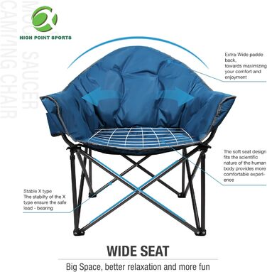 Крісло кемпінгове розкладне High Point Sports Moonchair XXL (до 150 кг) синій - з підсклянником для кемпінгу, саду, відпочинку