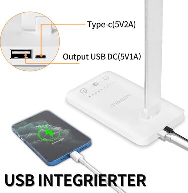 LED лампа для столу LQWELL® з регулюванням яскравості, метал, 5 кольорів, 10 рівнів, USB-зарядка, сенсорне керування, пам'ять, для дітей, офісу, білого кольору (QM019)