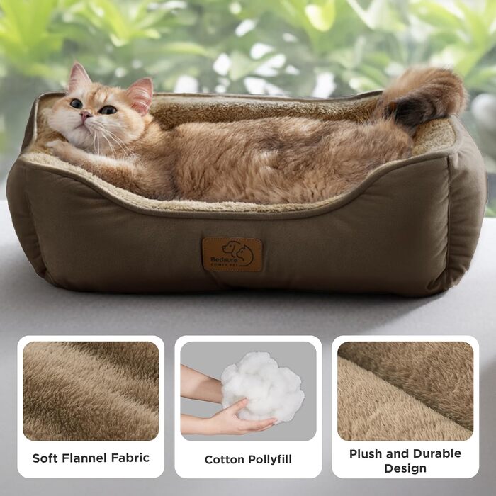 Ліжко для котів BEDSURE велике, миється - 63.5x53см, неслизьке, для собак маленьких порід, квадратне ліжко-кошик з м'яким бортиком, (51 x 41 см (Д x Ш), Коричневе)