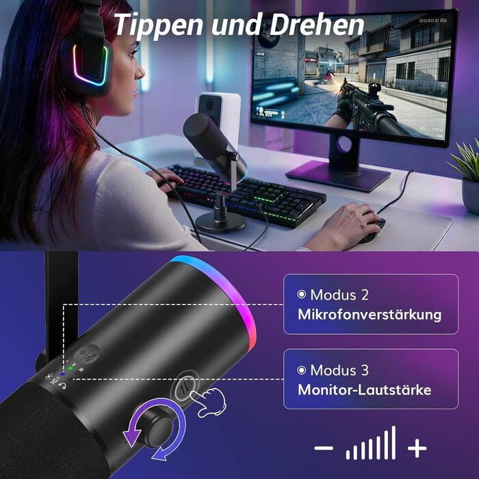 Професійний геймерський мікрофон TONOR TD510 AIR S+H XLR/USB з шумозаглушенням AI, RGB підсвічуванням, Tap-Mute, чорний