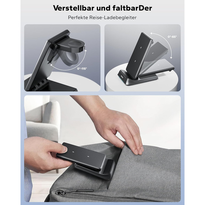 Бездротова зарядна станція 3-в-1 KPON для Samsung Galaxy Watch та смартфонів (S26/S25/S24/S23/S22/Z Flip/Fold, Buds) - Чорна, складна, індуктивне заряджання